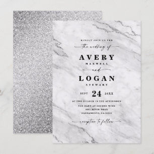 Elegant White & Silver Marble & Glitter Wedding Invitation