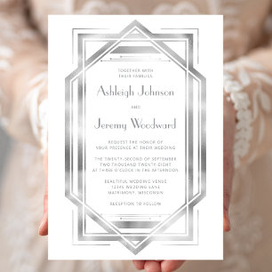 Elegant White Silver Vintage 1920s Deco Wedding Invitation