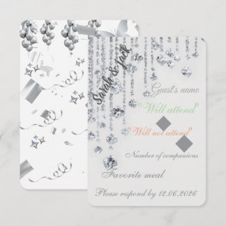 Elegant White & Silver Wedding RSVP card– Floral & Card