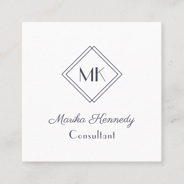 Elegant White Slate Grey Script Diamond Monogram Square Business Card (Front)