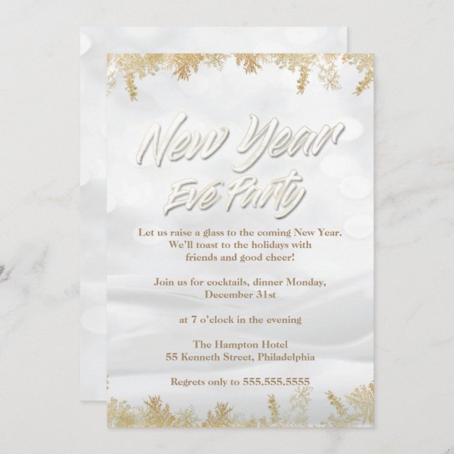 Elegant White Snow & Gold New Years Eve Party Invitation (Front/Back)