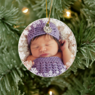 Elegant White Snowflake Baby Photo and Name Ceramic Tree Decoration