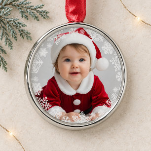 Elegant White Snowflake Baby Photo Keepsake Metal Tree Decoration