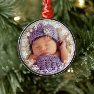 Elegant White Snowflake Baby Photo Keepsake Metal Tree Decoration