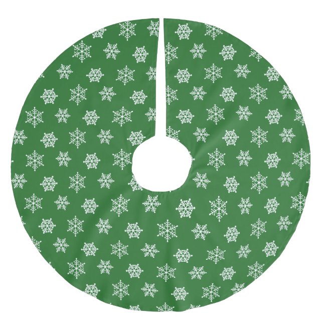 Elegant White Snowflakes on Green Brushed Polyester Tree Skirt (Front)