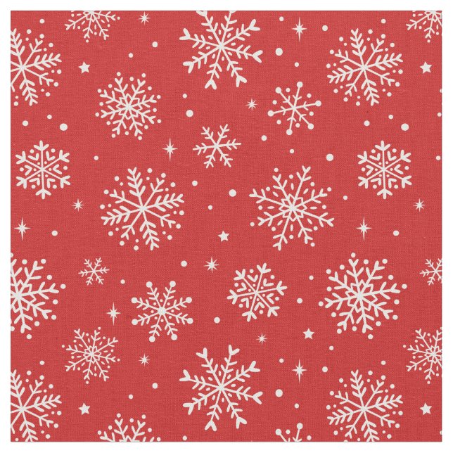 Elegant White Snowflakes on red background Fabric (Close Up)