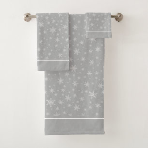 Elegant White Snowflakes on Silver Grey Bath Towel Set