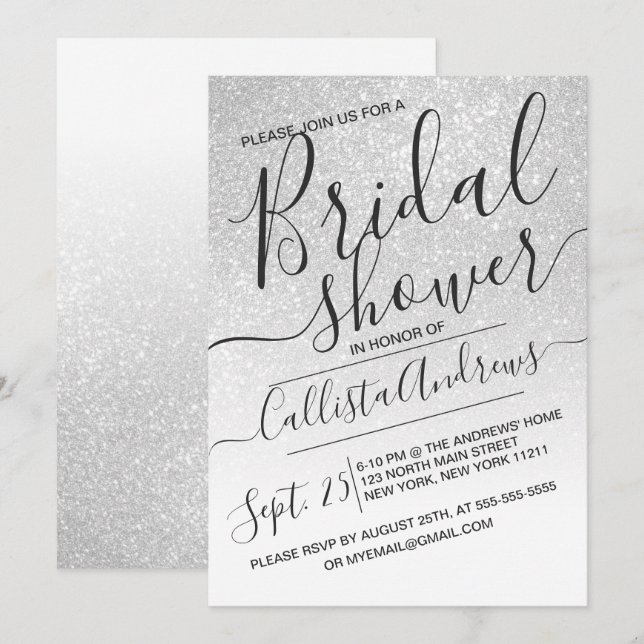 Elegant White Sparkly Glitter Ombre Bridal Shower Invitation (Front/Back)