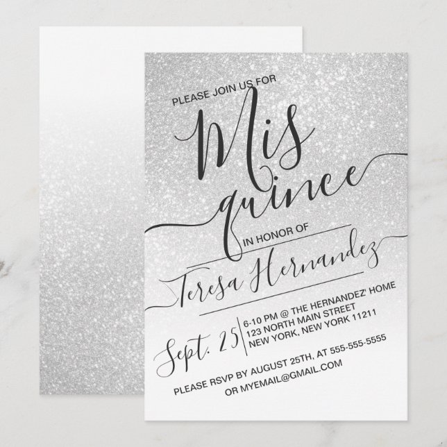 Elegant White Sparkly Glitter Ombre Quinceañera Invitation (Front/Back)