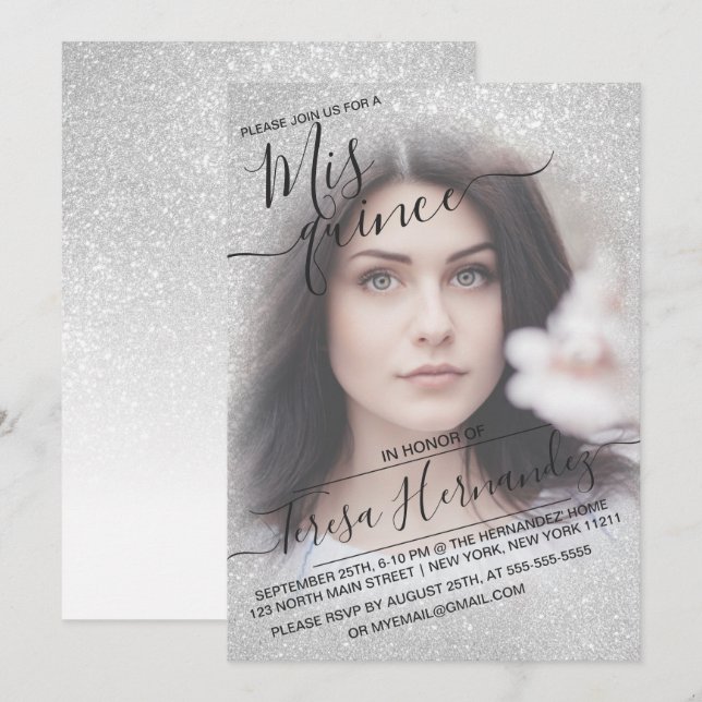 Elegant White Sparkly Glitter Photo Quinceañera Invitation (Front/Back)