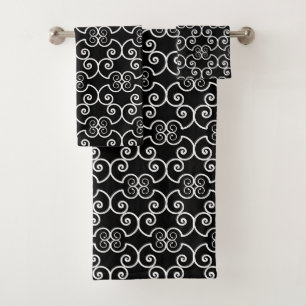 Elegant white spiral design pattern on black bath towel set