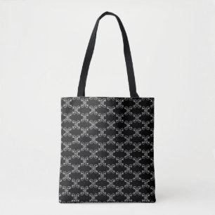 Elegant white spiral pattern & stripe on black tote bag