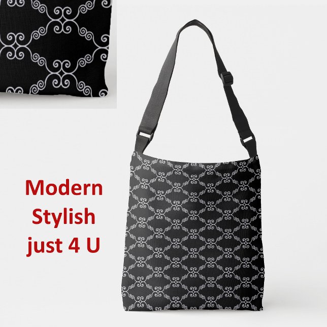 Elegant white spiral vector pattern on black crossbody bag (Creator Uploaded)