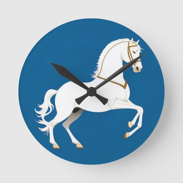 Elegant White Stallion Illustration on Round Clock (Front)