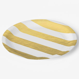 Elegant White Stripes Gold Foil Printed Paper Plate