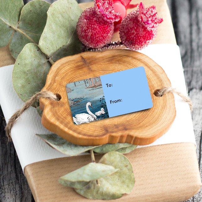 Elegant White Swan Baby Gift Tag (Beautiful white mother swan swimming in lake with baby on blue gift tag label.)