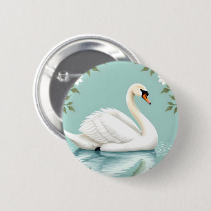 Elegant white swan floral blue 6 cm round badge