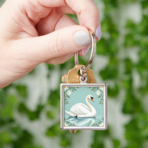 Elegant white swan floral blue key ring