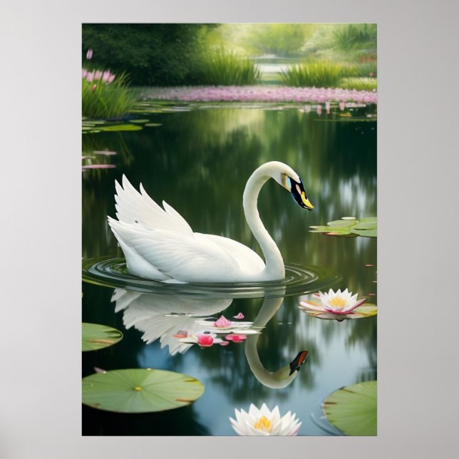 Elegant White Swan in a Forest River Art Print (Front)