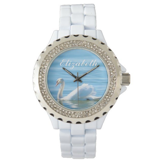 Elegant White Swan Personalised Name Watch (Front)