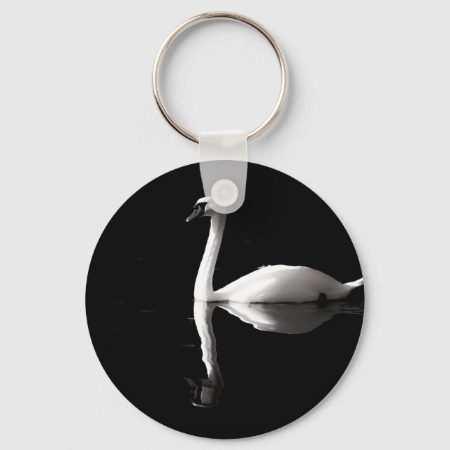 Elegant White Swan Reflection On Black Lake Key Ring (Front)