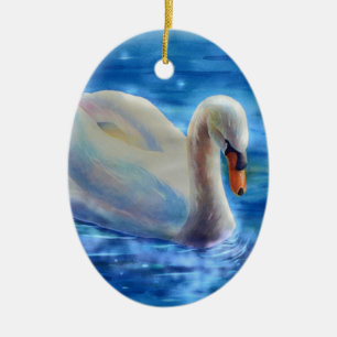 Elegant white swan watercolor painting ceramic tree decoration