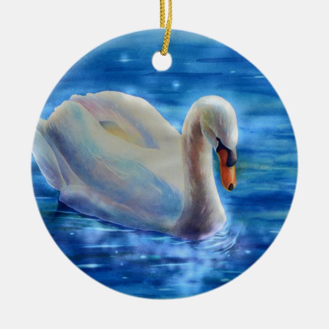 Elegant white swan watercolor painting ceramic tree decoration (Front)