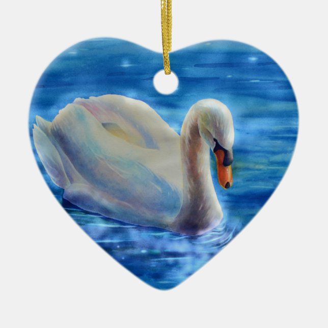 Elegant white swan watercolor painting ceramic tree decoration (Front)