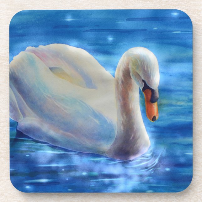 Elegant white swan watercolor painting coaster (Front)