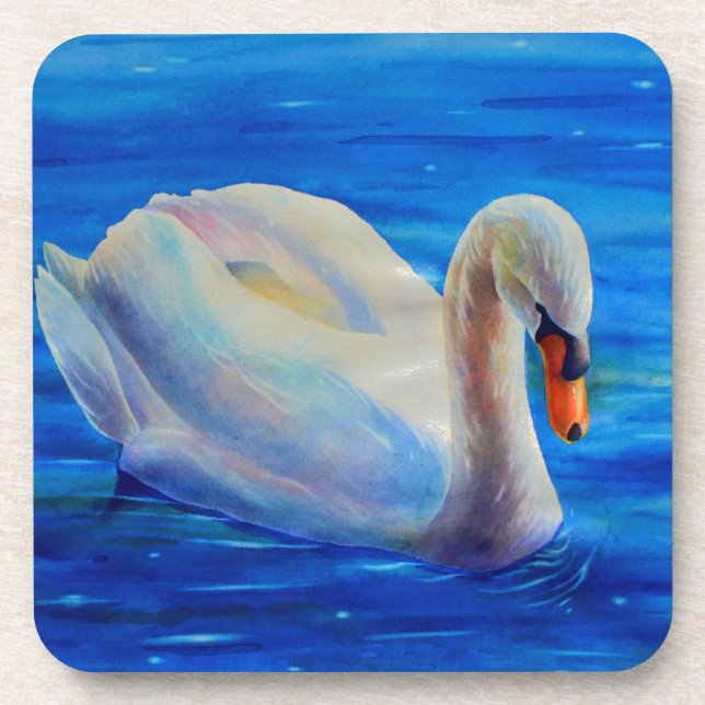 Elegant white swan watercolor painting coaster (Front)
