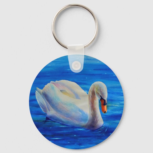 Elegant white swan watercolor painting key ring (Front)