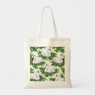 Elegant White Swans and Green Leaves Botanical Tote Bag