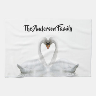 Elegant white swans family name script tea towel