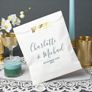 Elegant White & Teal Script Minimalist Wedding Favour Bags
