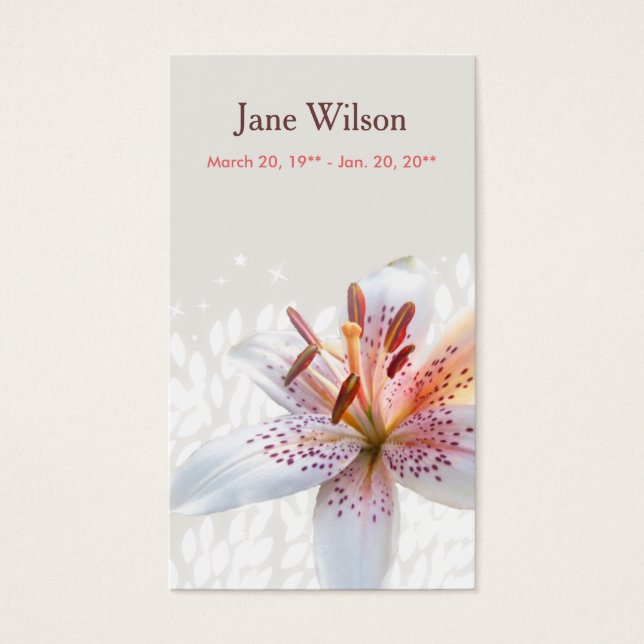 Elegant White Tiger Lily Name Prayer Card (Front)
