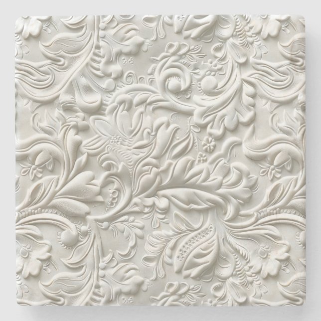 Elegant white tooled leather floral stone coaster (Front)