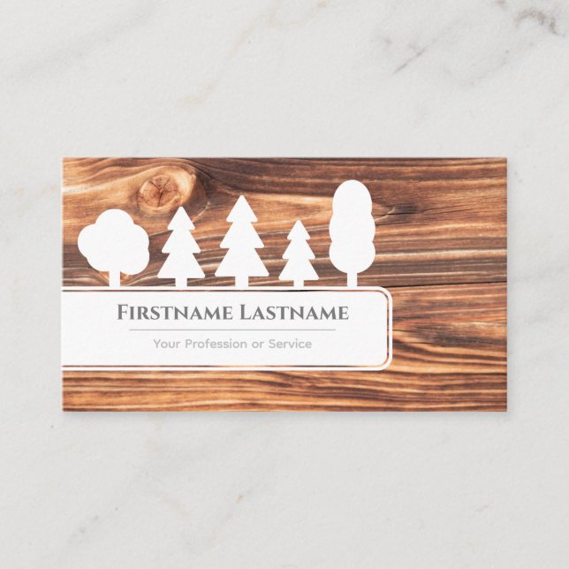 Elegant white trees on brown wood grain forest business card (Front)