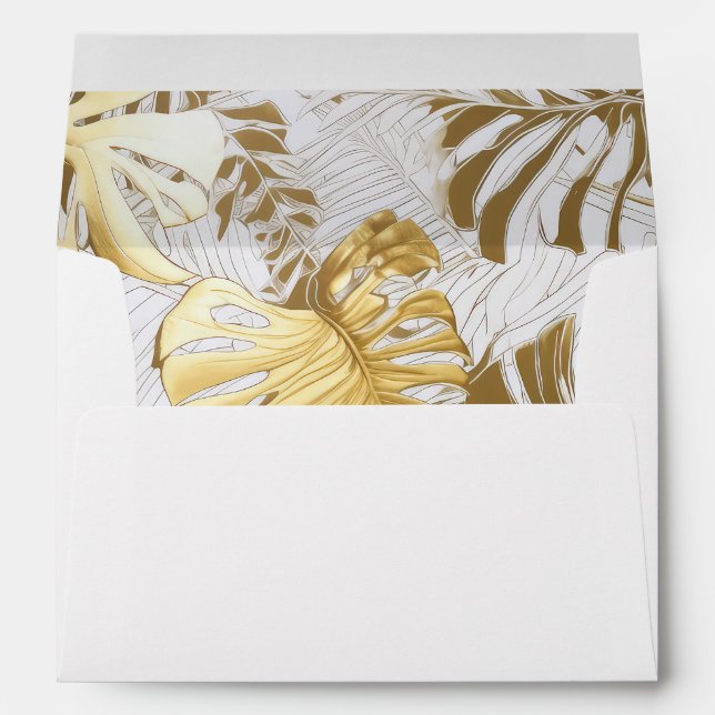 Elegant White Tropics Monstera Gilded Gold Wedding Envelope (Back (Bottom))