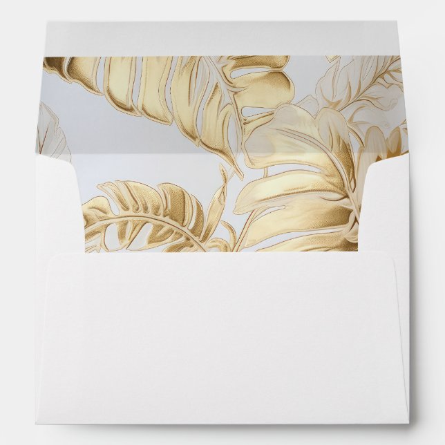 Elegant White Tropics Monstera Gilded Gold Wedding Envelope (Back (Bottom))