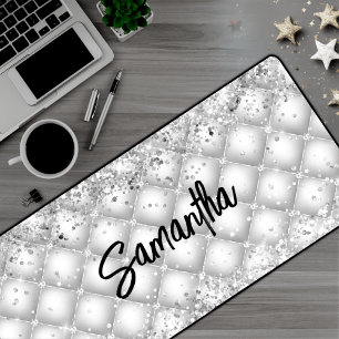 Elegant white tufted sparkly glitter desk mat