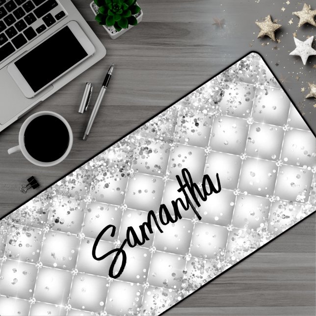 Elegant white tufted sparkly glitter desk mat (Creator Uploaded)