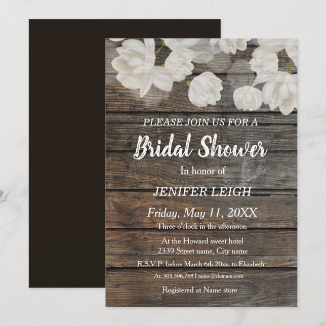 Elegant white tulip flower rustic bridal shower invitation (Front/Back)
