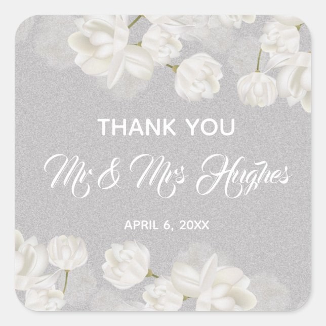 Elegant white Tulip Wedding  thank you Square Sticker (Front)