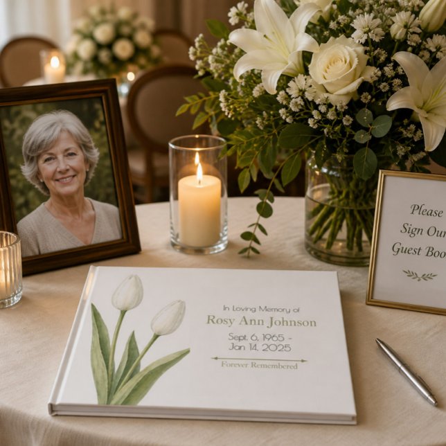Elegant White Tulips Funeral Guest Book (Creator Uploaded)