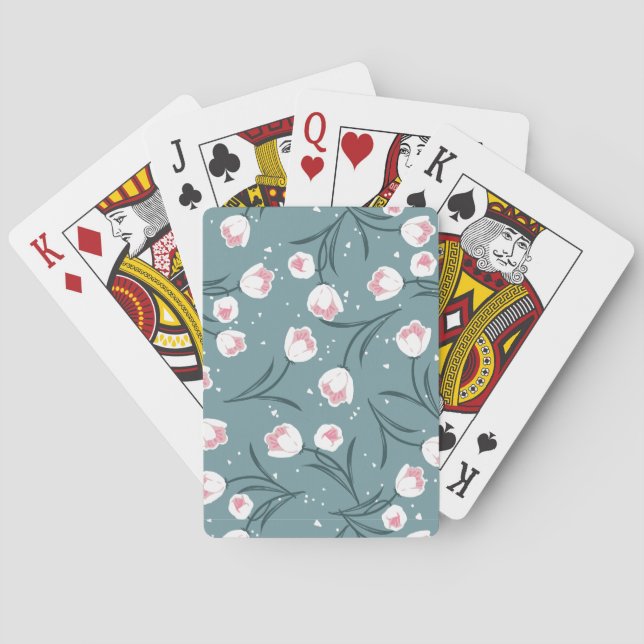 Elegant White Tulips on Pastel Green Pattern Playing Cards (Back)