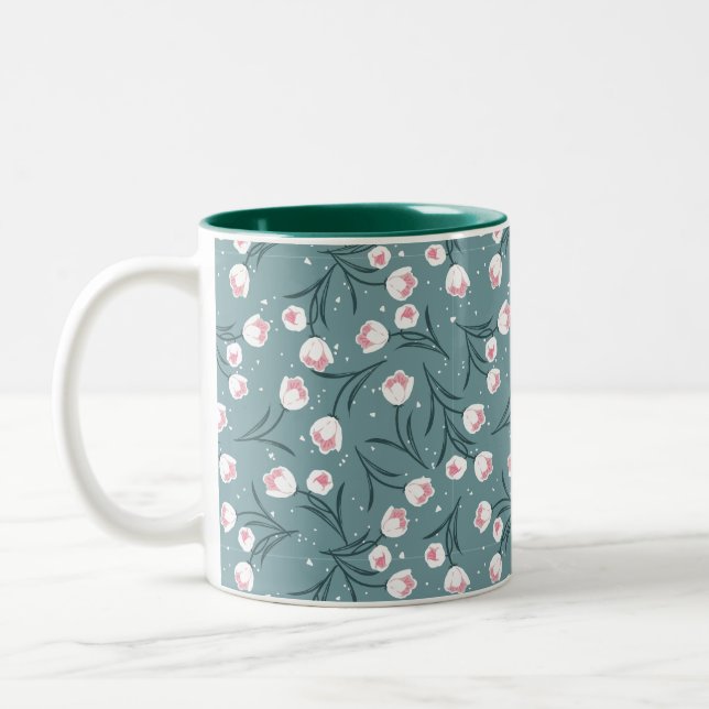Elegant White Tulips on Pastel Green Pattern Two-Tone Coffee Mug (Left)