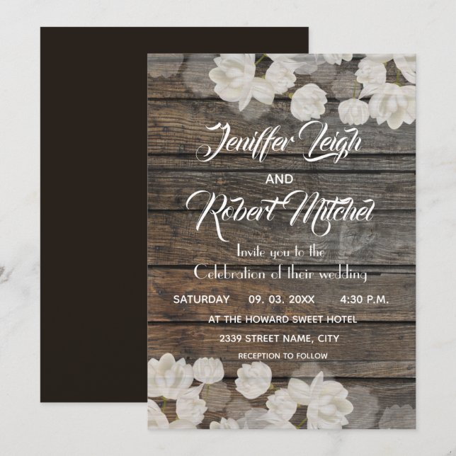 Elegant white tulips rustic wedding invitation (Front/Back)