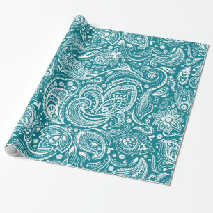 Elegant White & Turquoise Blue Floral Paisley Wrapping Paper