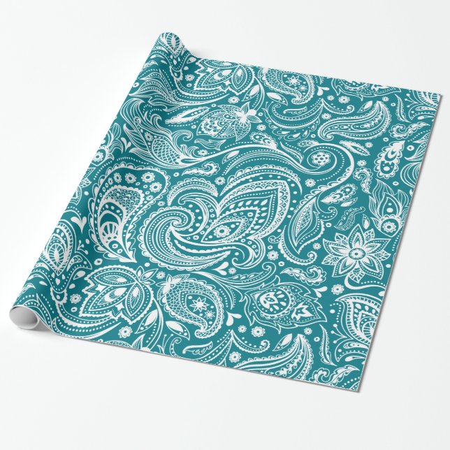 Elegant White & Turquoise Blue Floral Paisley Wrapping Paper (Unrolled)