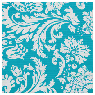 Elegant White & Turquoise Floral Damasks Fabric